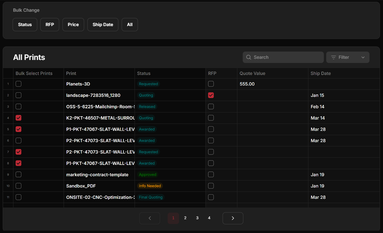 Prints table with bulk change buttons