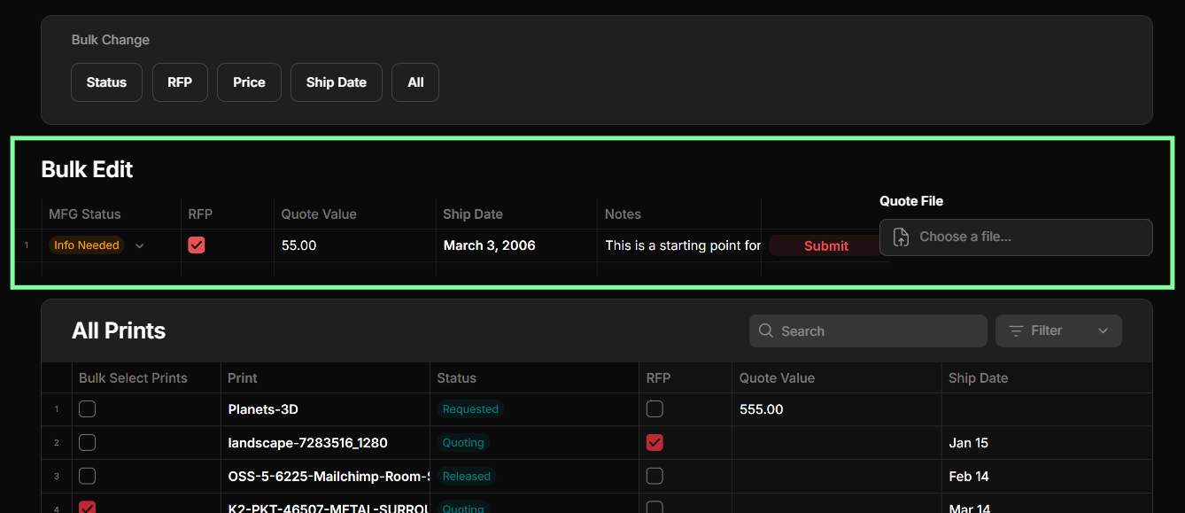 Bulk Edit row with Prints table below